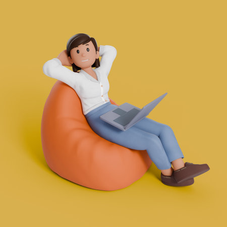 3d woman sitting on beanbag with his laptop on his thighの写真素材
