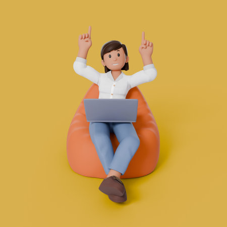 3d woman sitting on beanbag with his laptop on his thighの写真素材