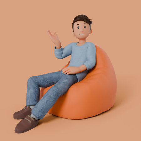 3d man sitting on bean bag with variation gestureの写真素材