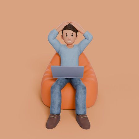 3d man sitting on beanbag with his laptop on his thigh with any gestureの写真素材