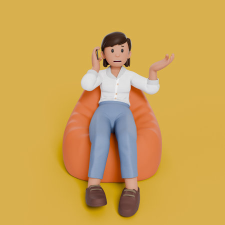 3d woman sitting on bean bag with variation gestureの写真素材
