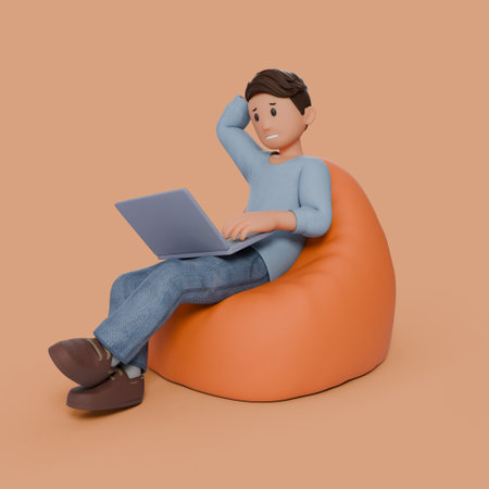 3d man sitting on beanbag with his laptop on his thigh with any gestureの写真素材