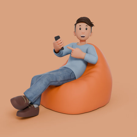 3d man sitting on bean bag holding phone with variation gestureの写真素材