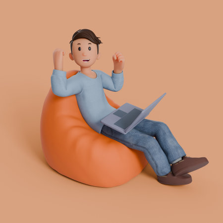 3d man sitting on beanbag with his laptop on his thigh with any gestureの写真素材