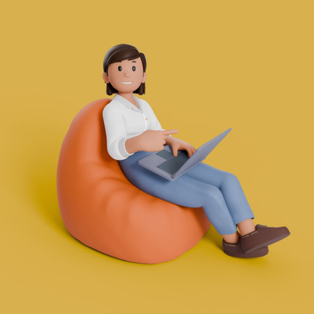 3d woman sitting on beanbag with his laptop on his thighの写真素材