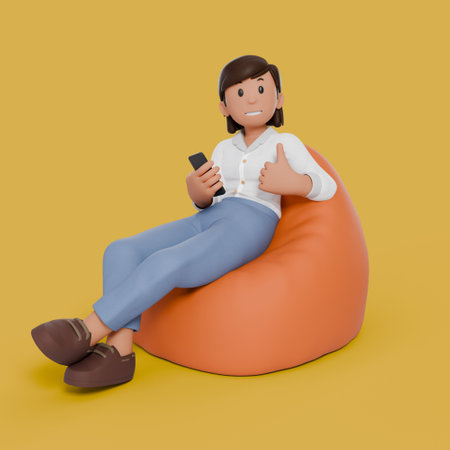 3d woman sitting on bean bag with variation gestureの写真素材