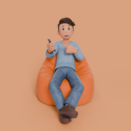 3d man sitting on bean bag holding phone with variation gestureの写真素材