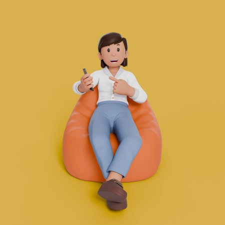 3d woman sitting on bean bag with variation gestureの写真素材