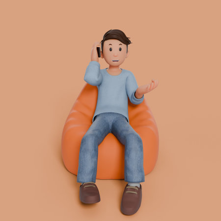 3d man sitting on bean bag holding phone with variation gestureの写真素材