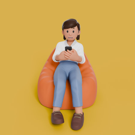 3d woman sitting on bean bag with variation gestureの写真素材