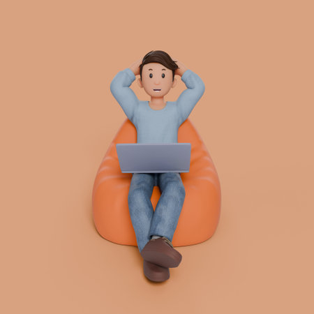 3d man sitting on beanbag with his laptop on his thigh with any gestureの写真素材