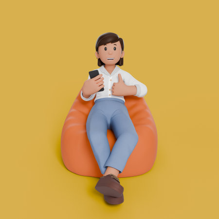 3d woman sitting on bean bag with variation gestureの写真素材