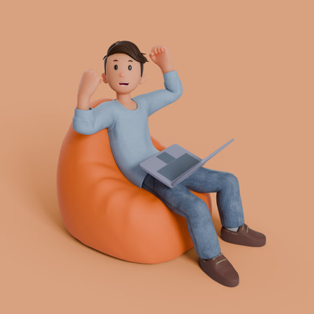 3d man sitting on beanbag with his laptop on his thigh with any gestureの写真素材