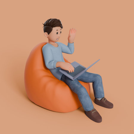 3d man sitting on beanbag with his laptop on his thigh with any gestureの写真素材