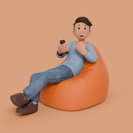 3d man sitting on bean bag holding phone with variation gestureの写真素材