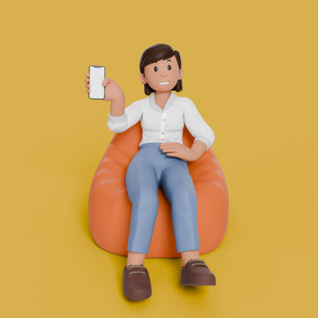 3d woman sitting on bean bag with variation gestureの写真素材