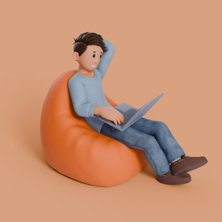 3d man sitting on beanbag with his laptop on his thigh with any gestureの写真素材