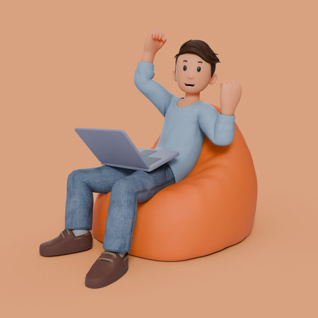 3d man sitting on beanbag with his laptop on his thigh with any gestureの写真素材