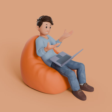 3d man sitting on beanbag with his laptop on his thigh with any gestureの写真素材
