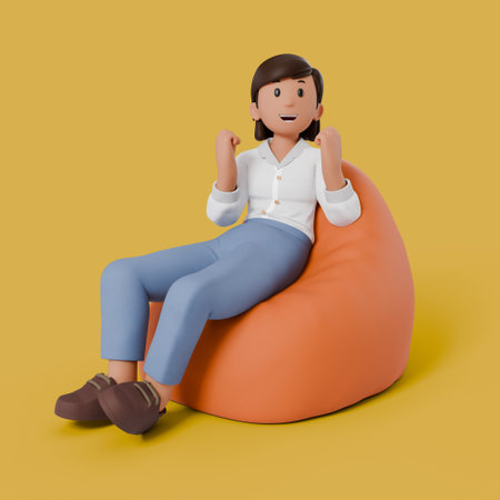 3d woman sitting on bean bag while variation gestureの写真素材
