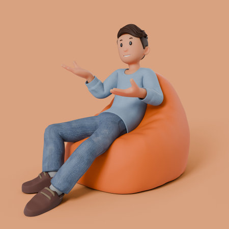 3d man sitting on bean bag with variation gestureの写真素材