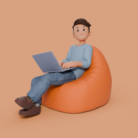 3d man sitting on beanbag with his laptop on his thigh with any gestureの写真素材