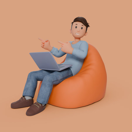 3d man sitting on beanbag with his laptop on his thigh with any gestureの写真素材