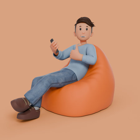 3d man sitting on bean bag holding phone with variation gestureの写真素材