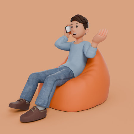 3d man sitting on bean bag holding phone with variation gestureの写真素材