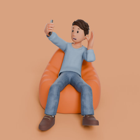 3d man sitting on bean bag holding phone with variation gestureの写真素材