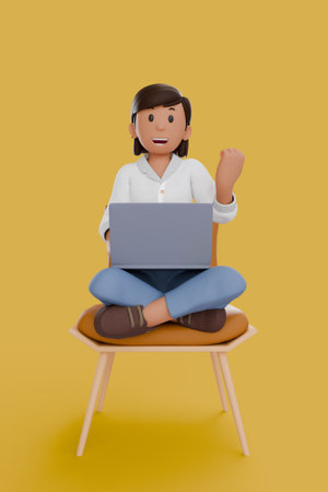 3D illustration of woman using laptops and sitting in chairs, isolated on yellow background.の写真素材