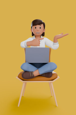 3D illustration of woman using laptops and sitting in chairs, isolated on yellow background.の写真素材