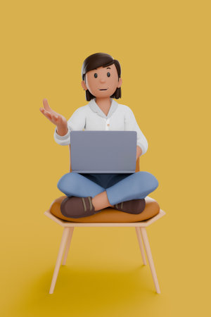 3D illustration of woman using laptops and sitting in chairs, isolated on yellow background.の写真素材