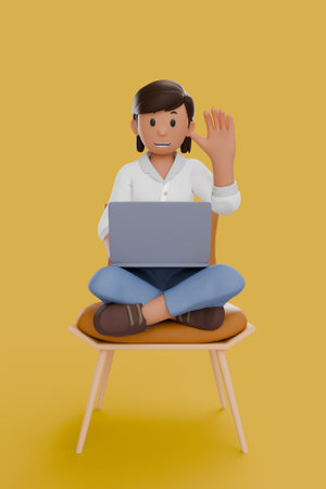 3D illustration of woman using laptops and sitting in chairs, isolated on yellow background.の写真素材