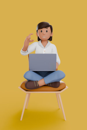 3D illustration of woman using laptops and sitting in chairs, isolated on yellow background.の写真素材