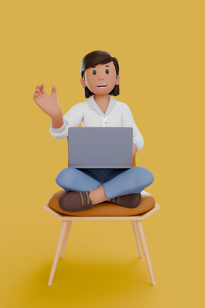 3D illustration of woman using laptops and sitting in chairs, isolated on yellow background.の写真素材