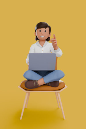 3D illustration of woman using laptops and sitting in chairs, isolated on yellow background.の写真素材