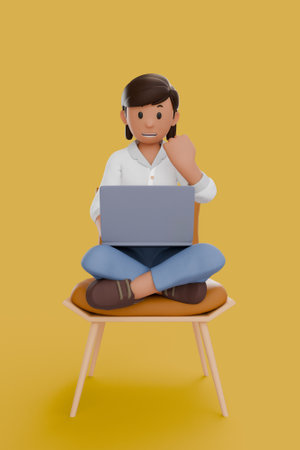 3D illustration of woman using laptops and sitting in chairs, isolated on yellow background.の写真素材