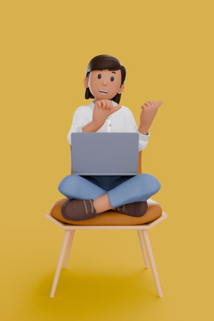3D illustration of woman using laptops and sitting in chairs, isolated on yellow background.の写真素材