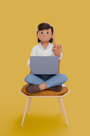 3D illustration of woman using laptops and sitting in chairs, isolated on yellow background.の写真素材