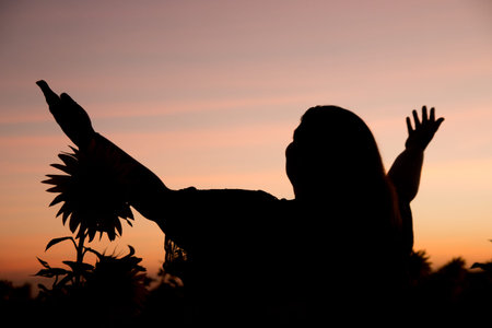 Silhouettes of people, with the sun in the background.