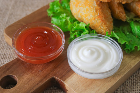 Crispy Fried Chicken Nuggets with Ketchup and Mayonnaise Dip on Wooden Boardの写真素材