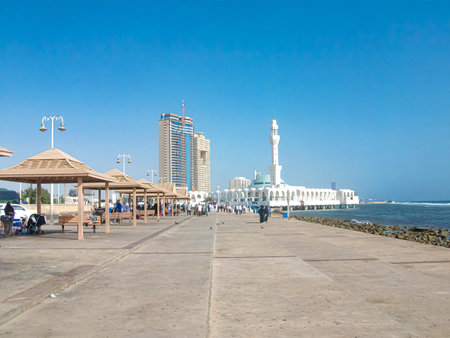 Panoramic View of Jeddah Corniche with Al Rahma Mosque and Red Sea Waterfrontの写真素材