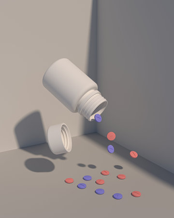 Pills Falling Out of a Medicine Bottle with a Spilled Capの写真素材