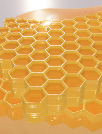 Golden Honeycomb with Dripping Honey on a Reflective Surface