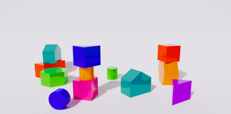 3d rendering of colorful cubes in a row on a white backgroundの写真素材
