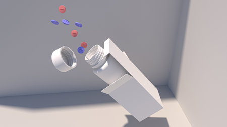 3D rendering Pills Spilling from an Open Medicine Bottle in a 3D Renderの写真素材
