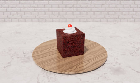 Chocolate cake on a round wooden stand. 3d rendering.