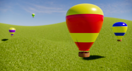 Colorful Hot Air Balloons Flying Over Green Hillsの写真素材