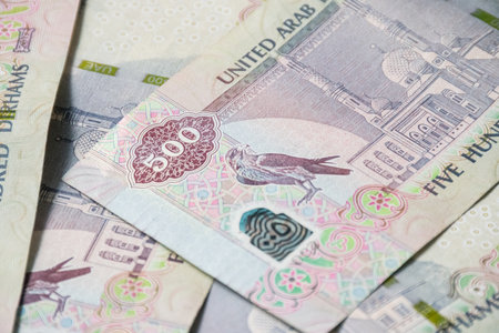 Closeup of UAE 500 dirhams currency notes, paper moneyの写真素材